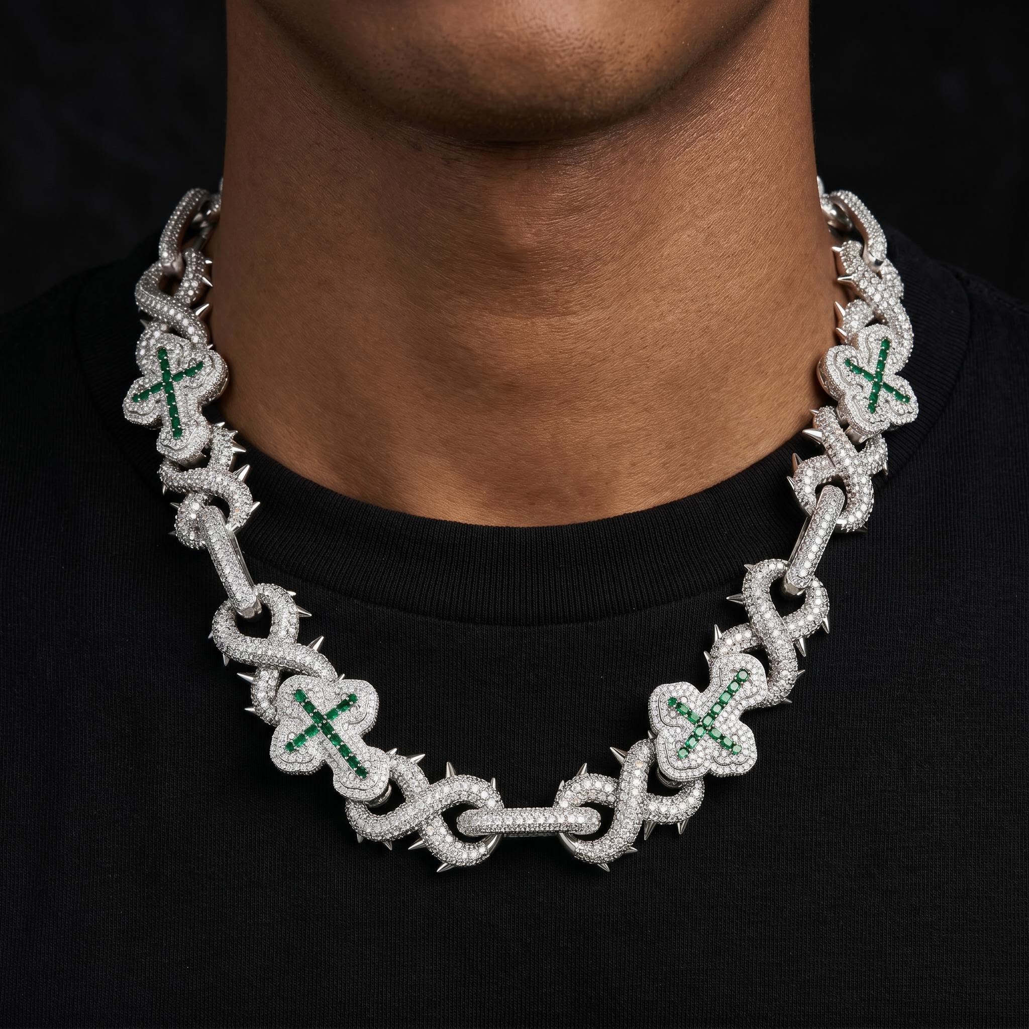 20mm Iced Out Detachable Spiked Infinity Emerald Cross Link Chain 20mm Iced Out Detachable Spiked Infinity Emerald Cross Link Chain