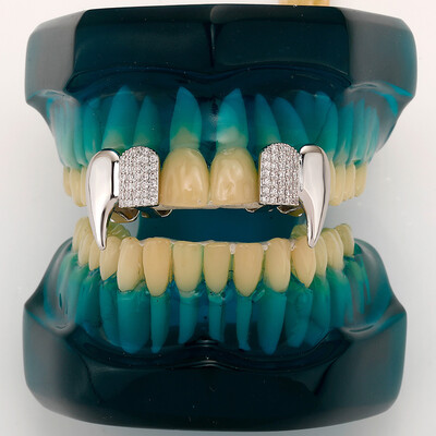 Pre-made Iced Out Vampire Fangs Double Grillz Set