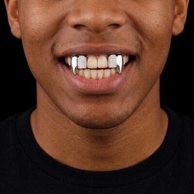 Pre-made Iced Out Vampire Fangs Double Grillz Set
