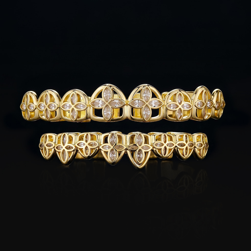 Pre-made Iced Out Four-leaf Clover Grillz Set