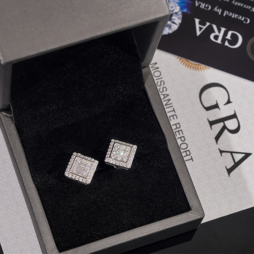 925S & VVS Moissanite Square Halo Stud Earrings