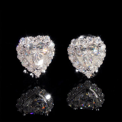 925 Silver & VVS1 Moissanite Heart Halo Stud Earrings