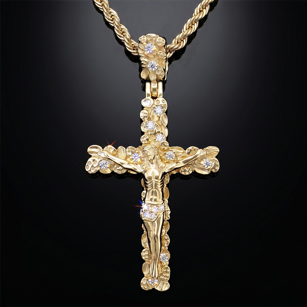 925 Silver & VVS1 Moissanite Nugget Crucifix Jesus Cross Pendant 925 Silver & VVS1 Moissanite Nugget Crucifix Jesus Cross Pendant
