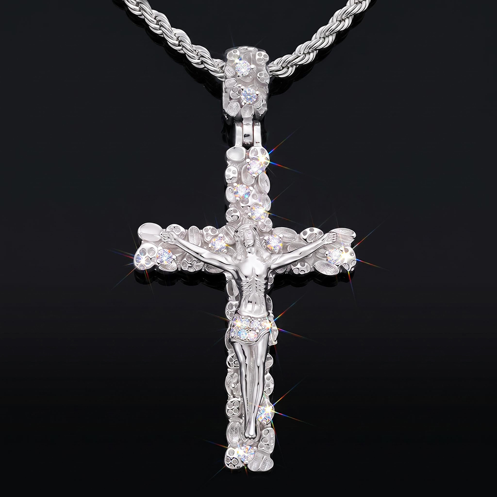 925 Silver & VVS1 Moissanite Nugget Crucifix Jesus Cross Pendant 925 Silver & VVS1 Moissanite Nugget Crucifix Jesus Cross Pendant