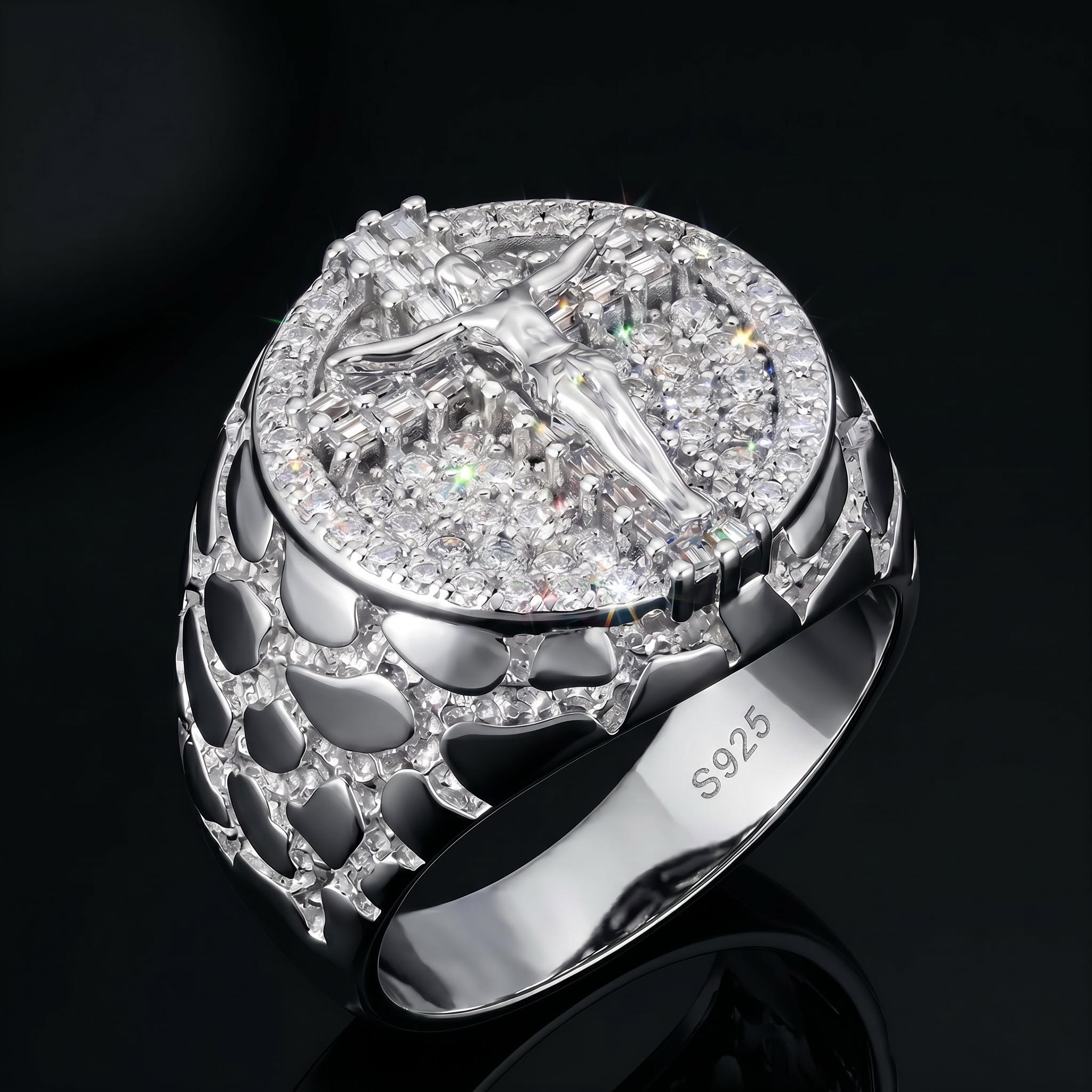925 Silver & VVS1 Moissanite Nugget Jesus Ring 925 Silver & VVS1 Moissanite Nugget Jesus Ring