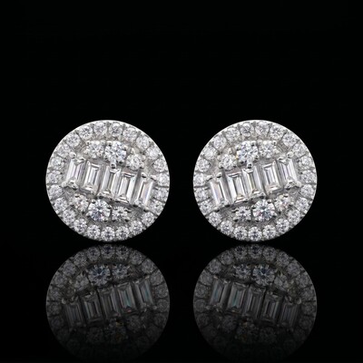 925 Silver & VVS1 Moissanite Baguette Halo Stud Earrings