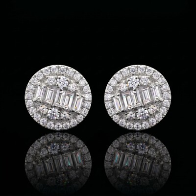 925 Silver & VVS1 Moissanite Baguette Halo Stud Earrings
