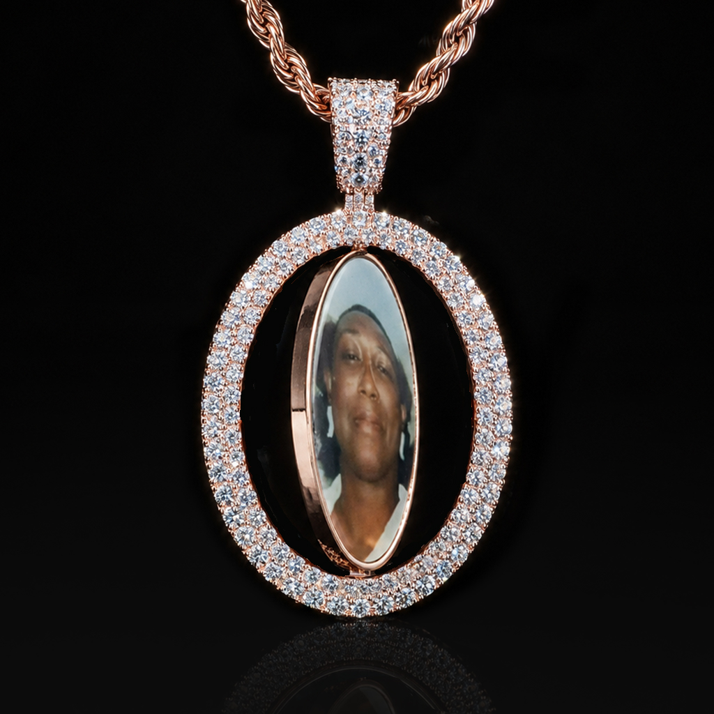 Iced Out 2.83" Double-Sided Custom Flip Oval Photo Pendant
