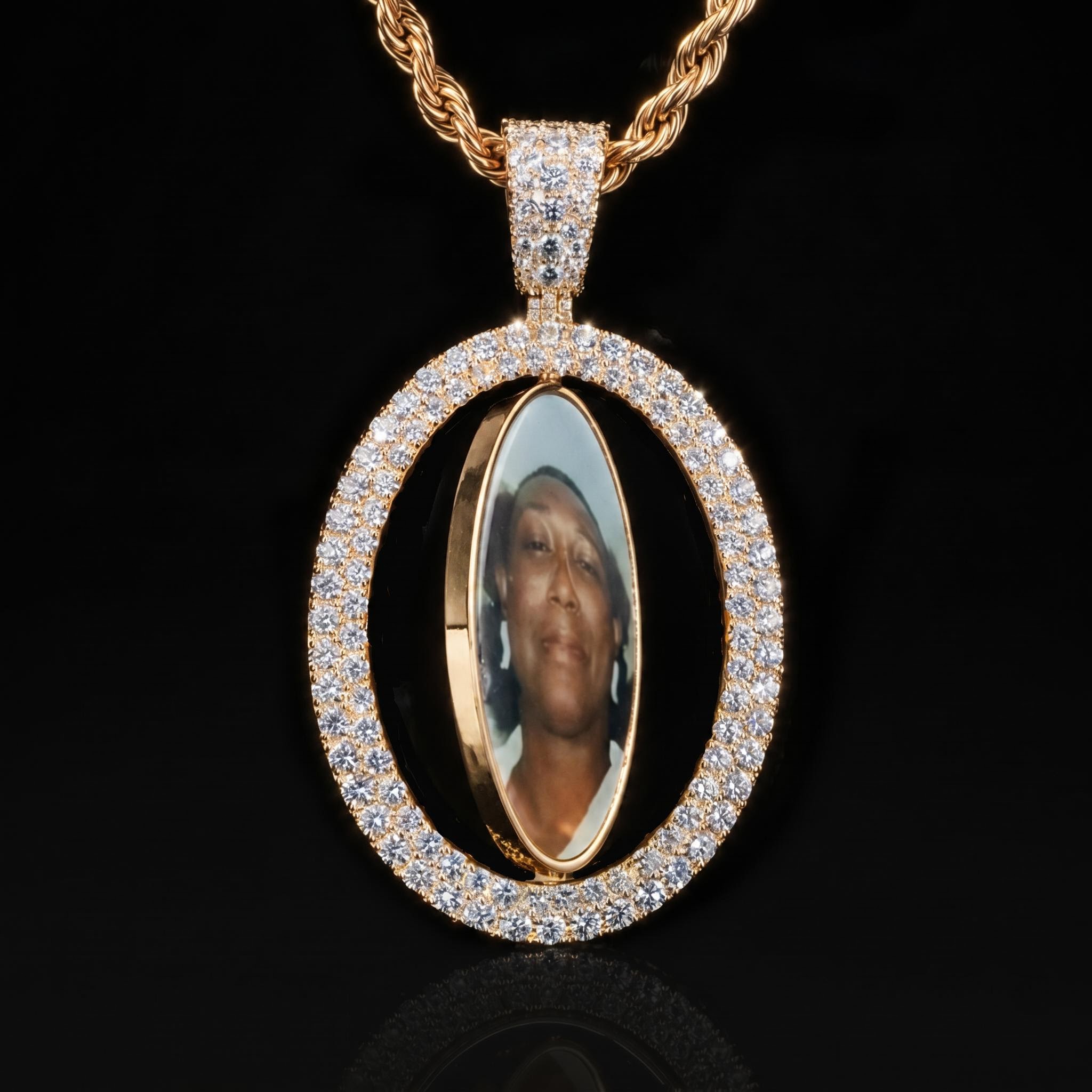 Iced Out 2.83" Double-Sided Custom Flip Oval Photo Pendant