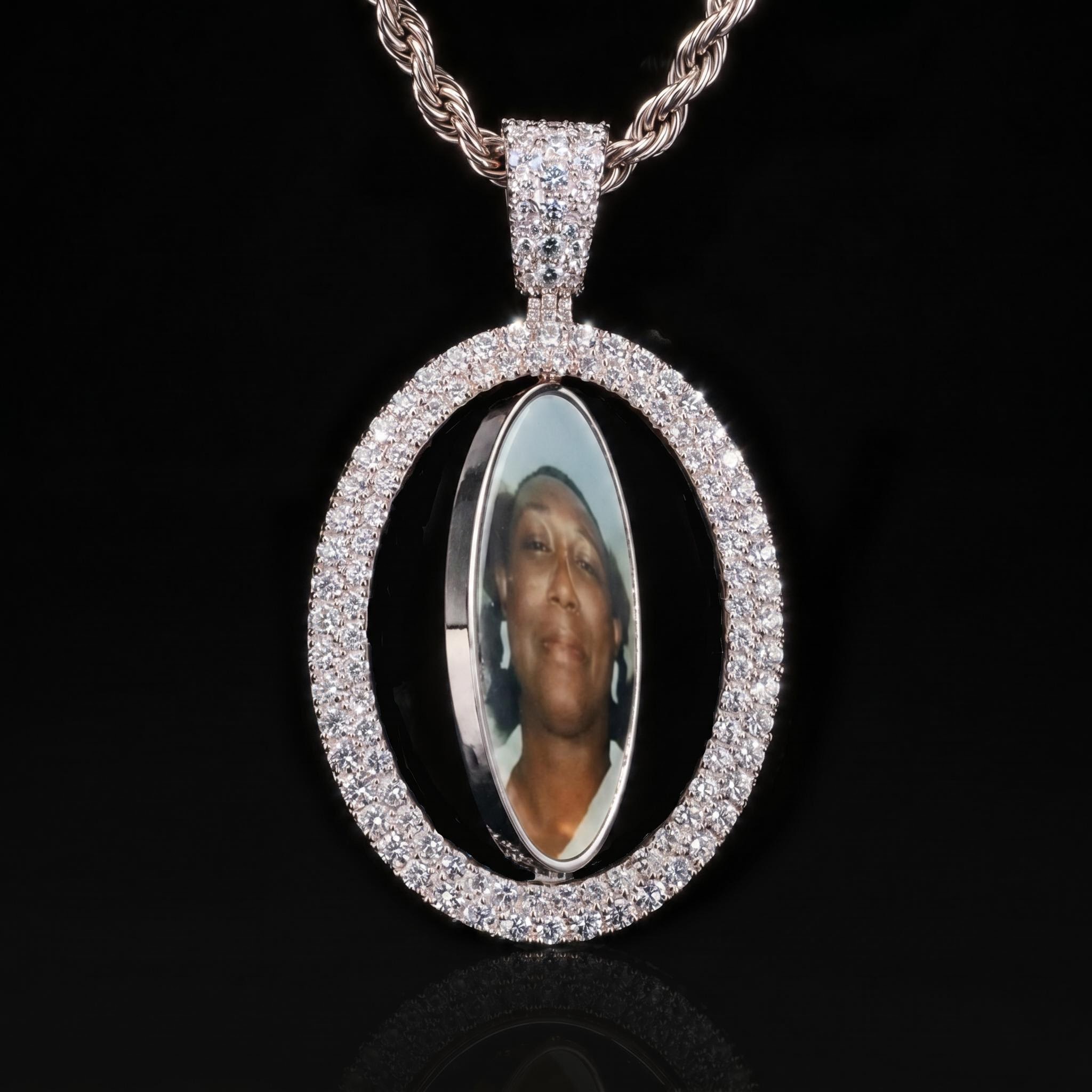 Iced Out 2.83" Double-Sided Custom Flip Oval Photo Pendant