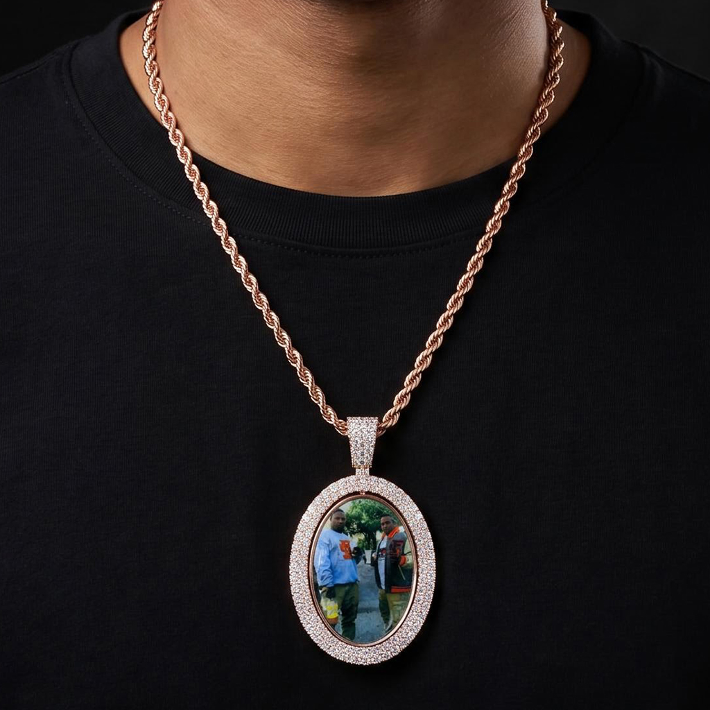 Iced Out 2.83" Double-Sided Custom Flip Oval Photo Pendant