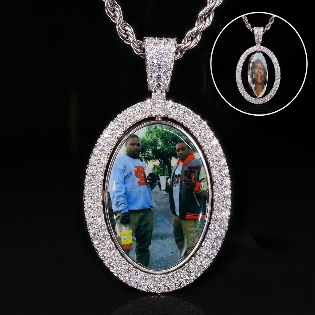 Iced Out 2.83" Double-Sided Custom Flip Oval Photo Pendant