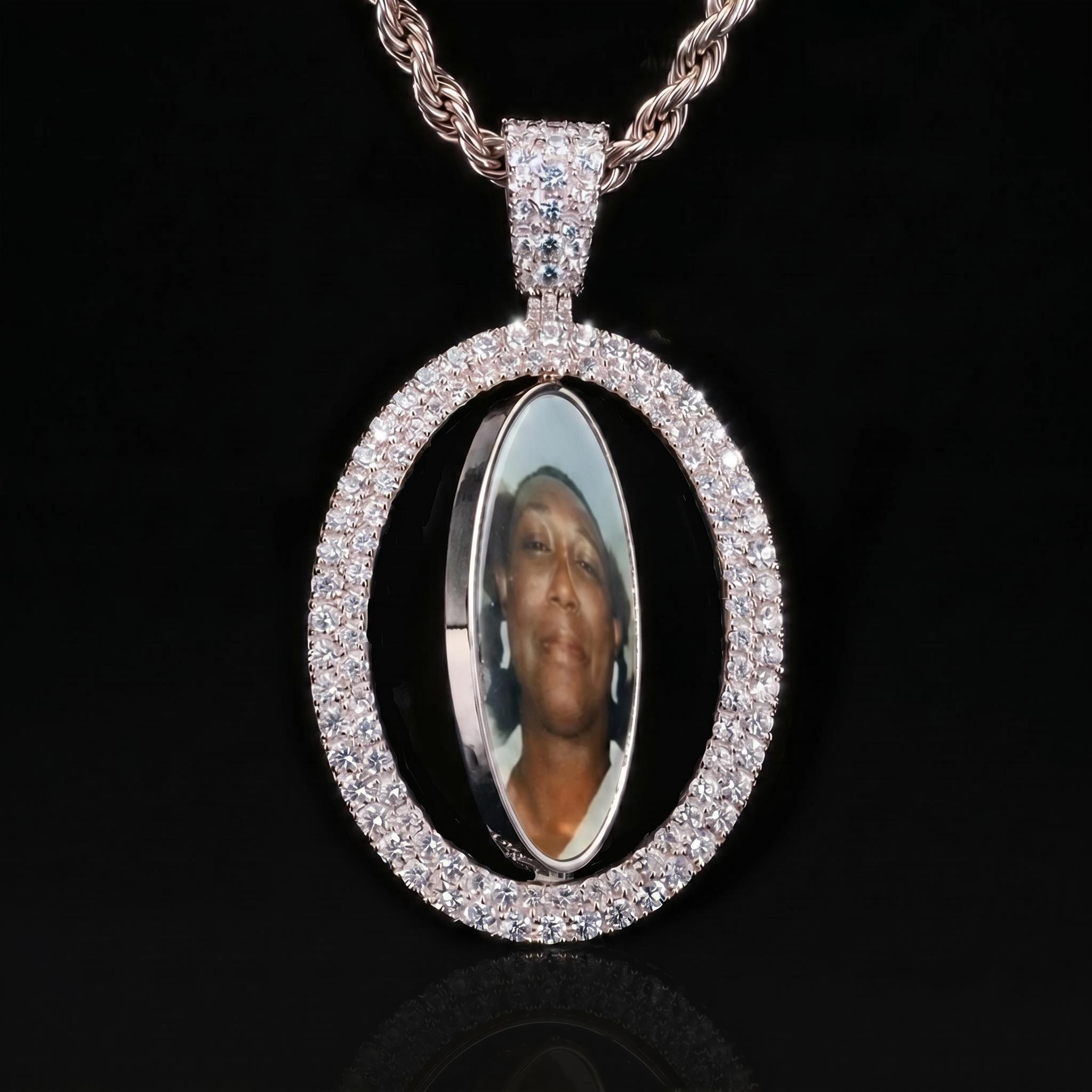 Iced Out 2.83" Double-Sided Custom Flip Oval Photo Pendant