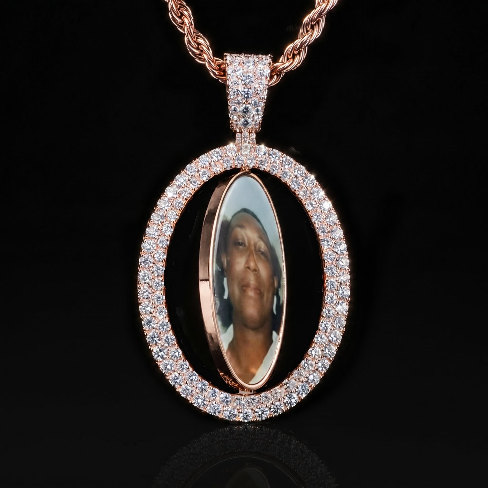 Iced Out 2.83" Double-Sided Custom Flip Oval Photo Pendant