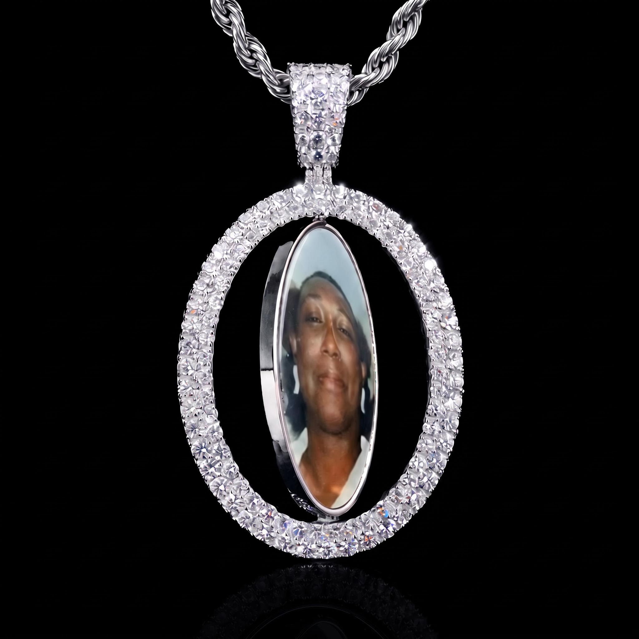 Iced Out 2.83" Double-Sided Custom Flip Oval Photo Pendant Iced Out 2.83" Double-Sided Custom Flip Oval Photo Pendant