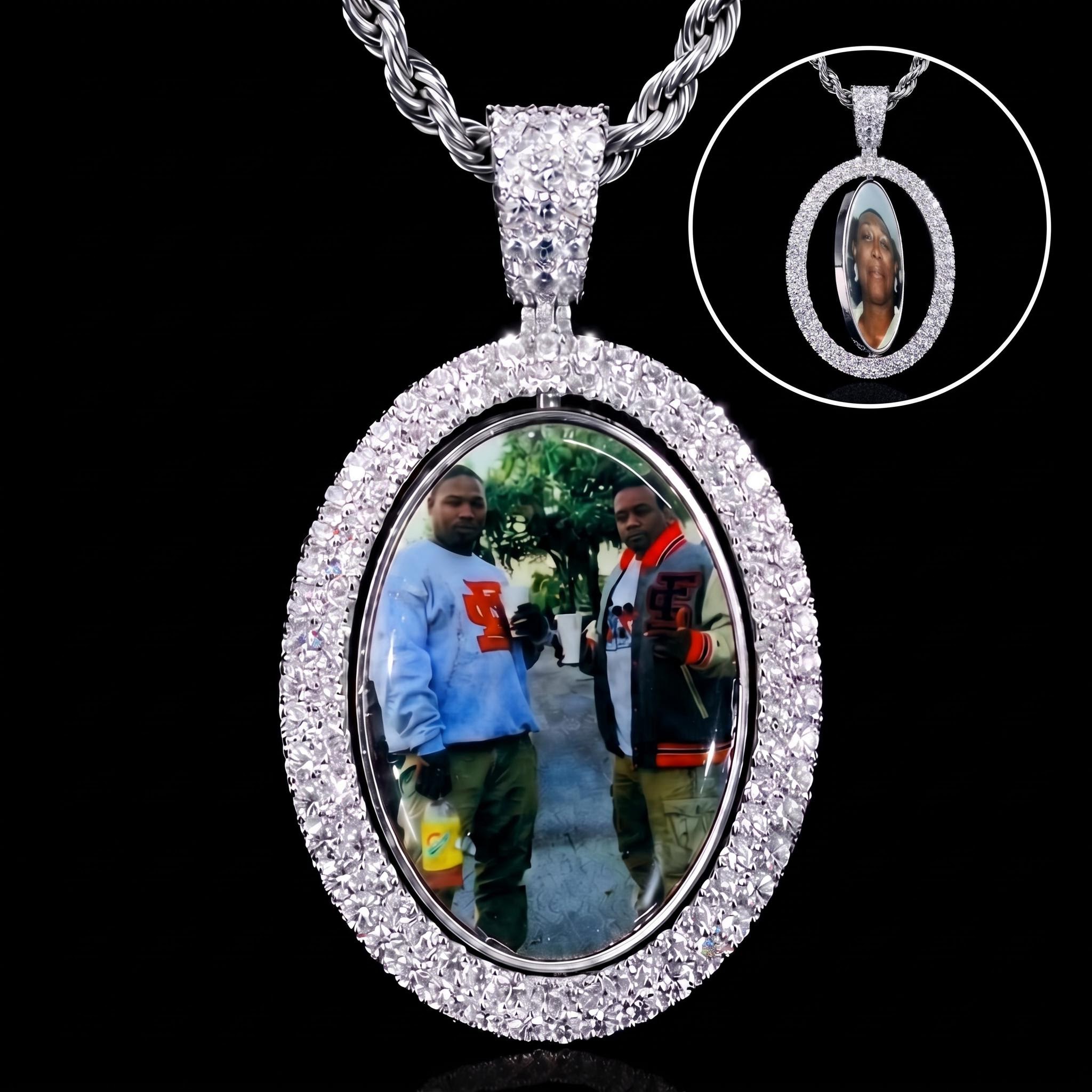Iced Out 2.83" Double-Sided Custom Flip Oval Photo Pendant Iced Out 2.83" Double-Sided Custom Flip Oval Photo Pendant