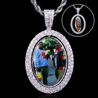 Iced Out 2.83" Double-Sided Custom Flip Oval Photo Pendant