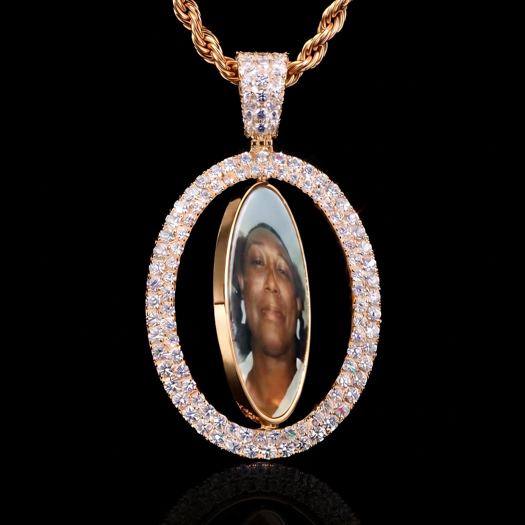 Iced Out 2.83" Double-Sided Custom Flip Oval Photo Pendant Iced Out 2.83" Double-Sided Custom Flip Oval Photo Pendant