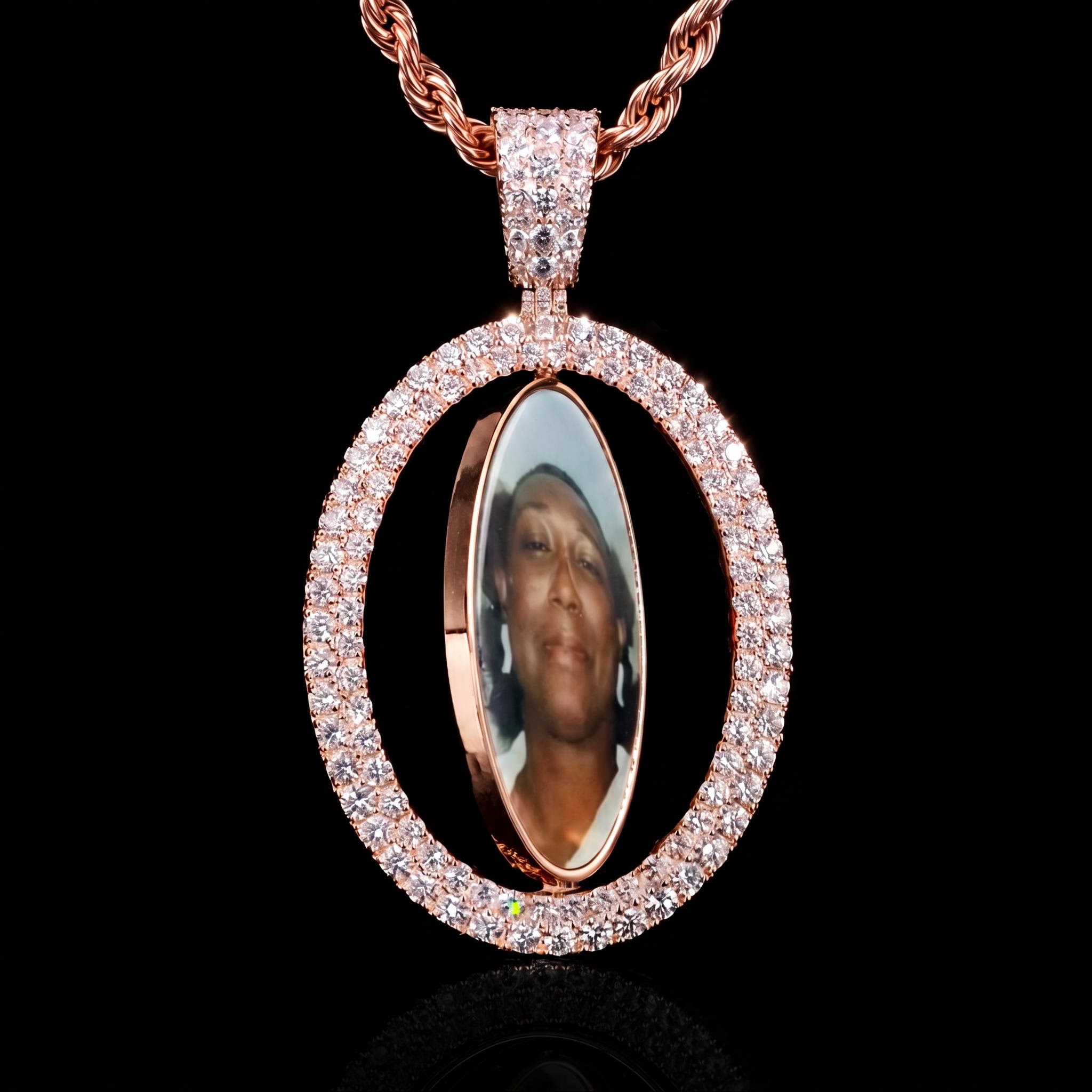 Iced Out 2.83" Double-Sided Custom Flip Oval Photo Pendant Iced Out 2.83" Double-Sided Custom Flip Oval Photo Pendant