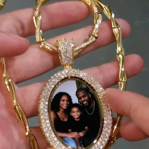 Iced Out 2.83" Double-Sided Custom Flip Oval Photo Pendant Iced Out 2.83" Double-Sided Custom Flip Oval Photo Pendant