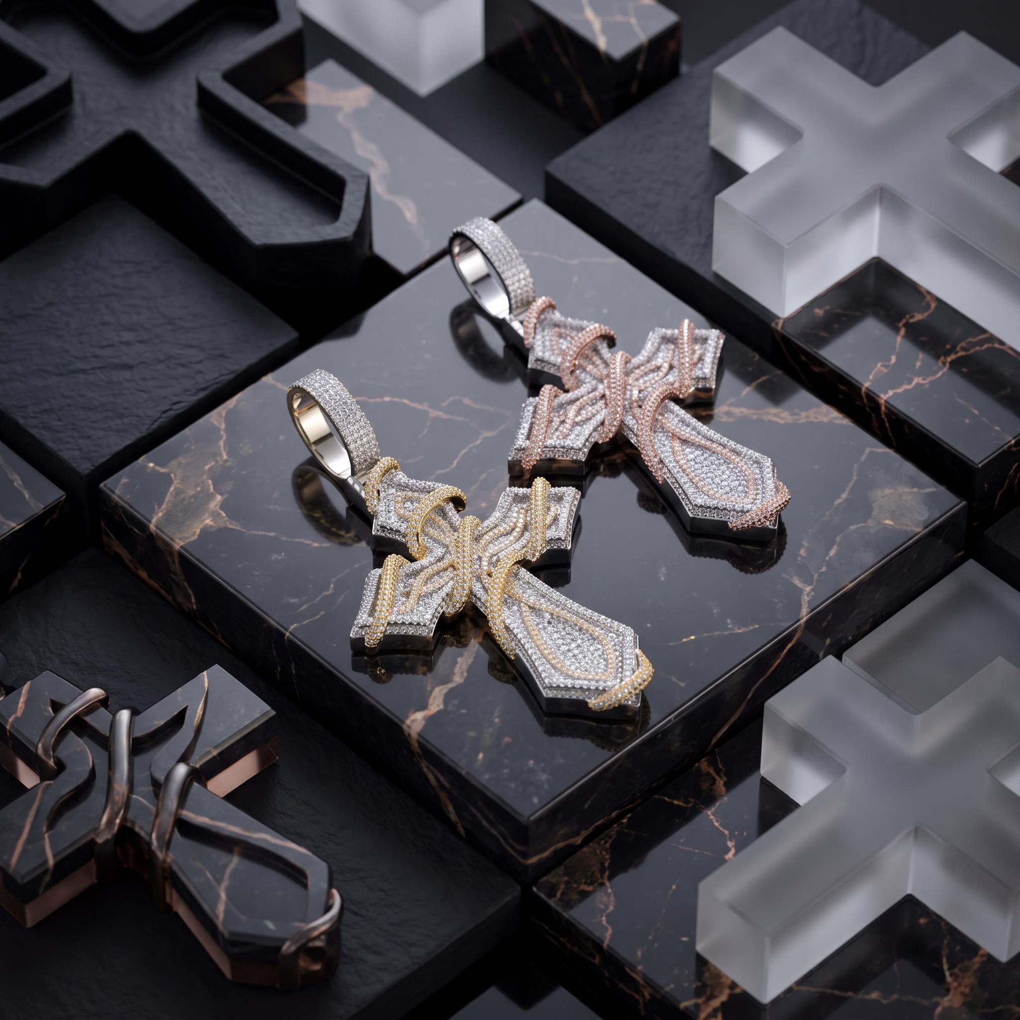 Iced Out Two-tone Thorn Cross Pendant - CROSS & ANKH | Helloice