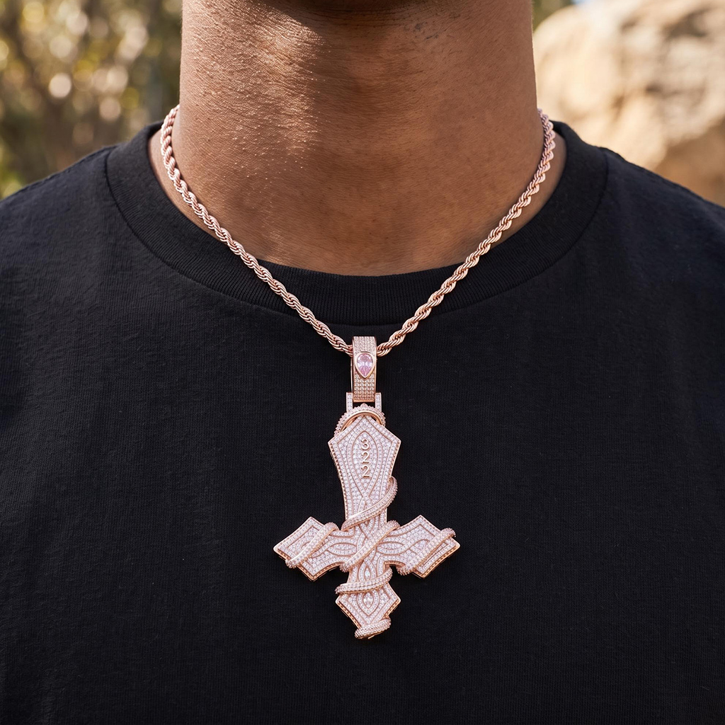 Iced Out Upside Down Custom Name Thorned Cross Pendant