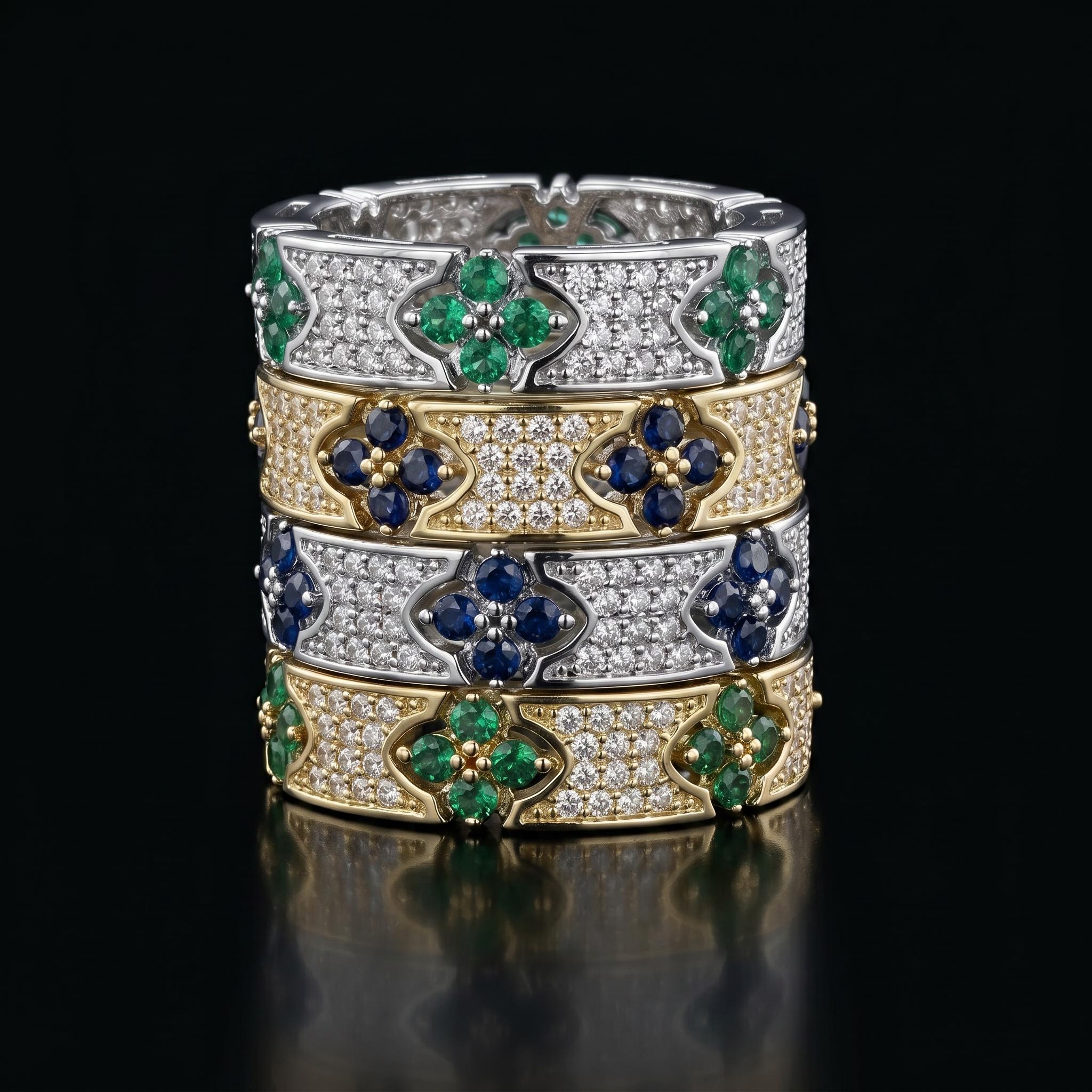 Iced Out Four Leaf Clover Ring-Sapphire/Emerald/Multi-color Iced Out Four Leaf Clover Ring-Sapphire/Emerald/Multi-color