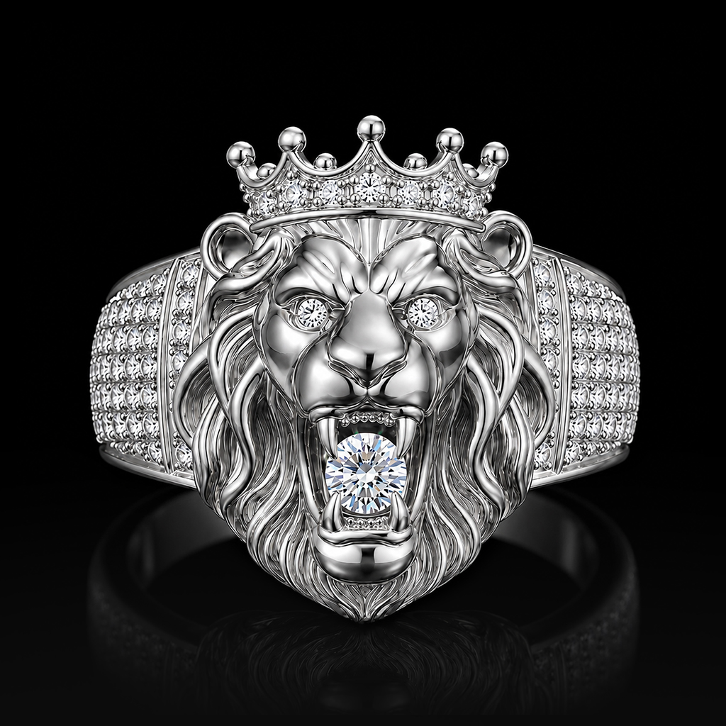 Iced Roaring Lion Head Crown Ring Iced Roaring Lion Head Crown Ring
