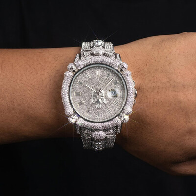 Iced Out Skull Dail Men's Watch in White Gold