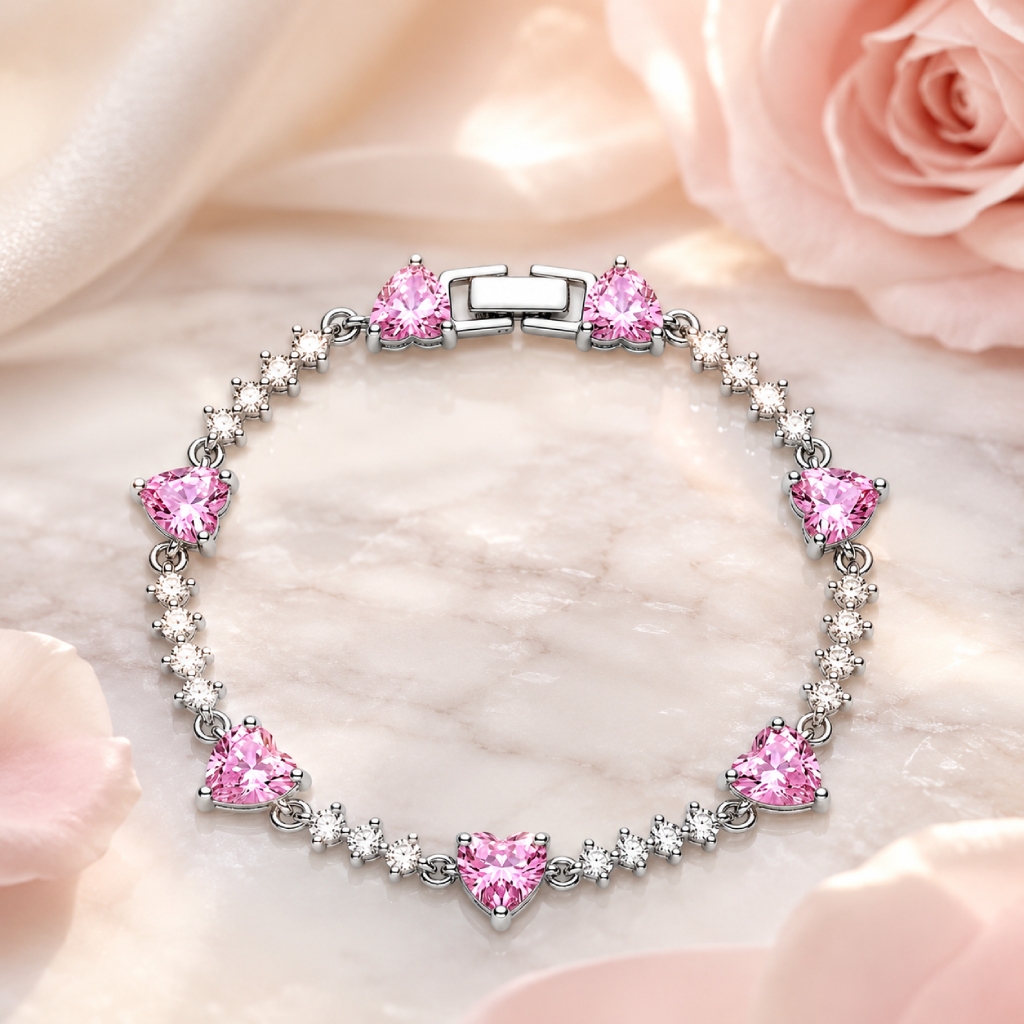 Pink Heart & Round Stone Tennis Bracelet