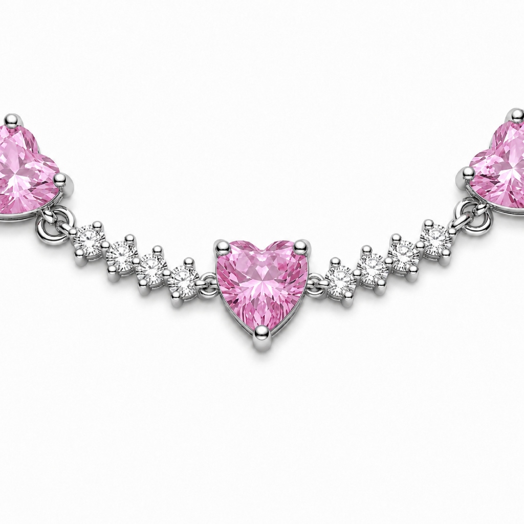 Pink Heart & Round Stone Tennis Bracelet