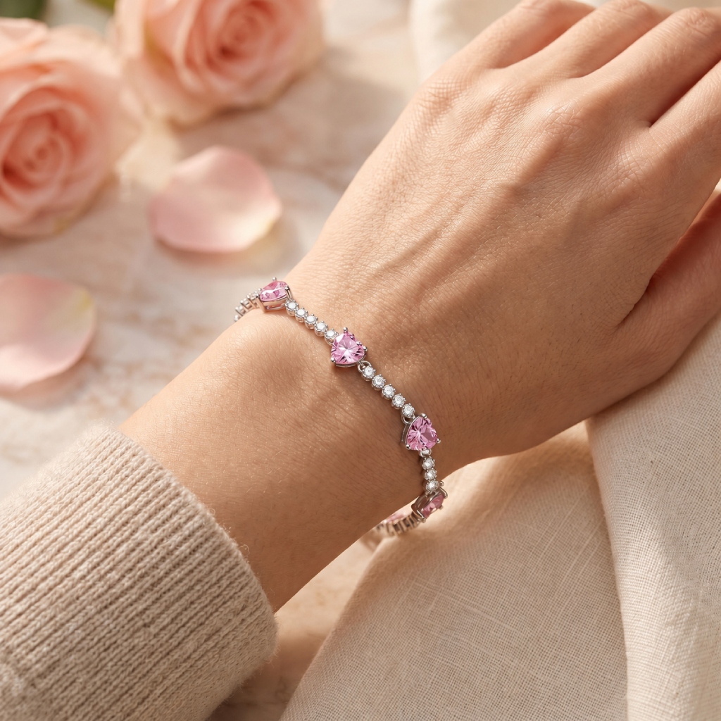 Pink Heart & Round Stone Tennis Bracelet