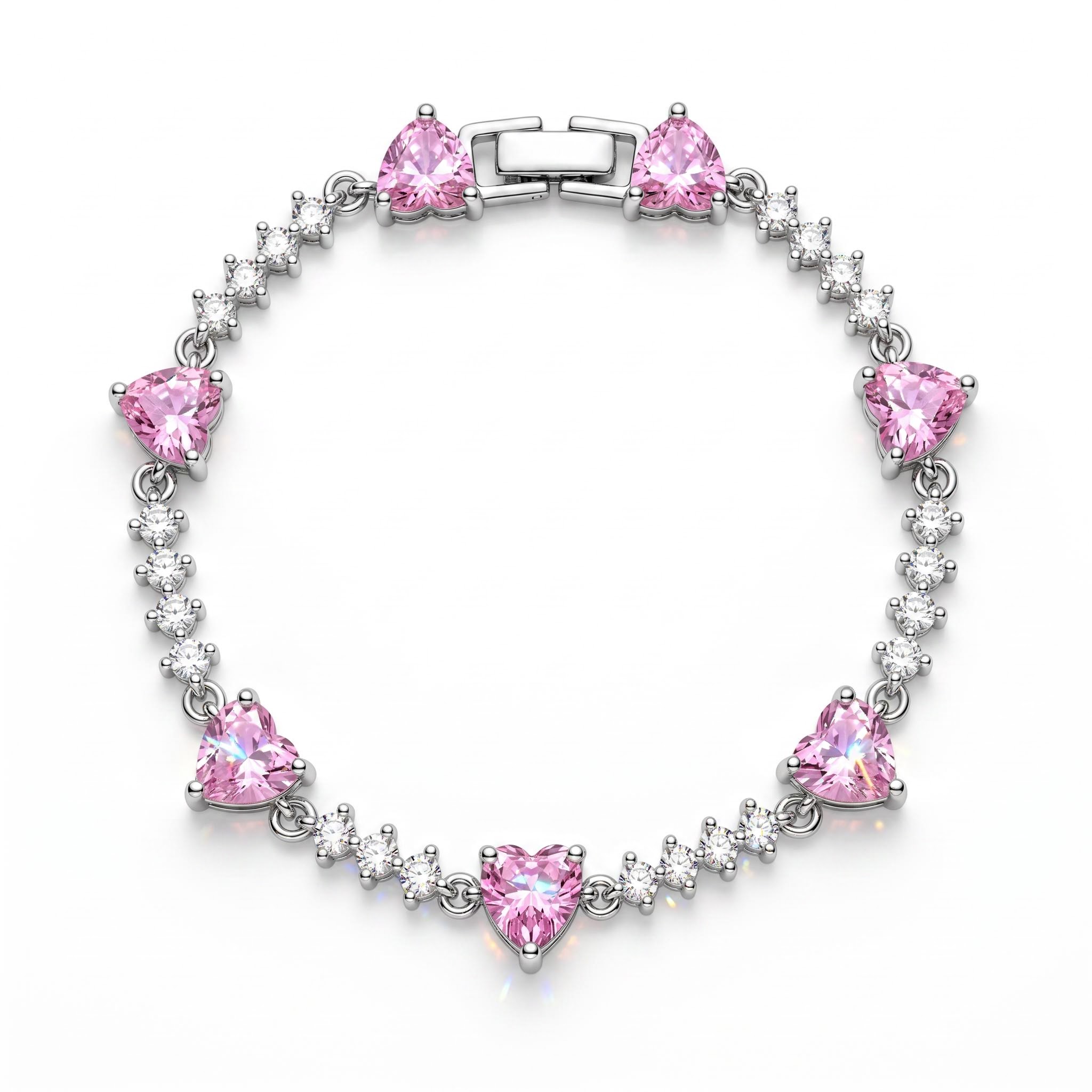 Pink Heart & Round Stone Tennis Bracelet