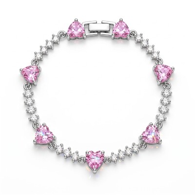 Pink Heart & Round Stone Tennis Bracelet