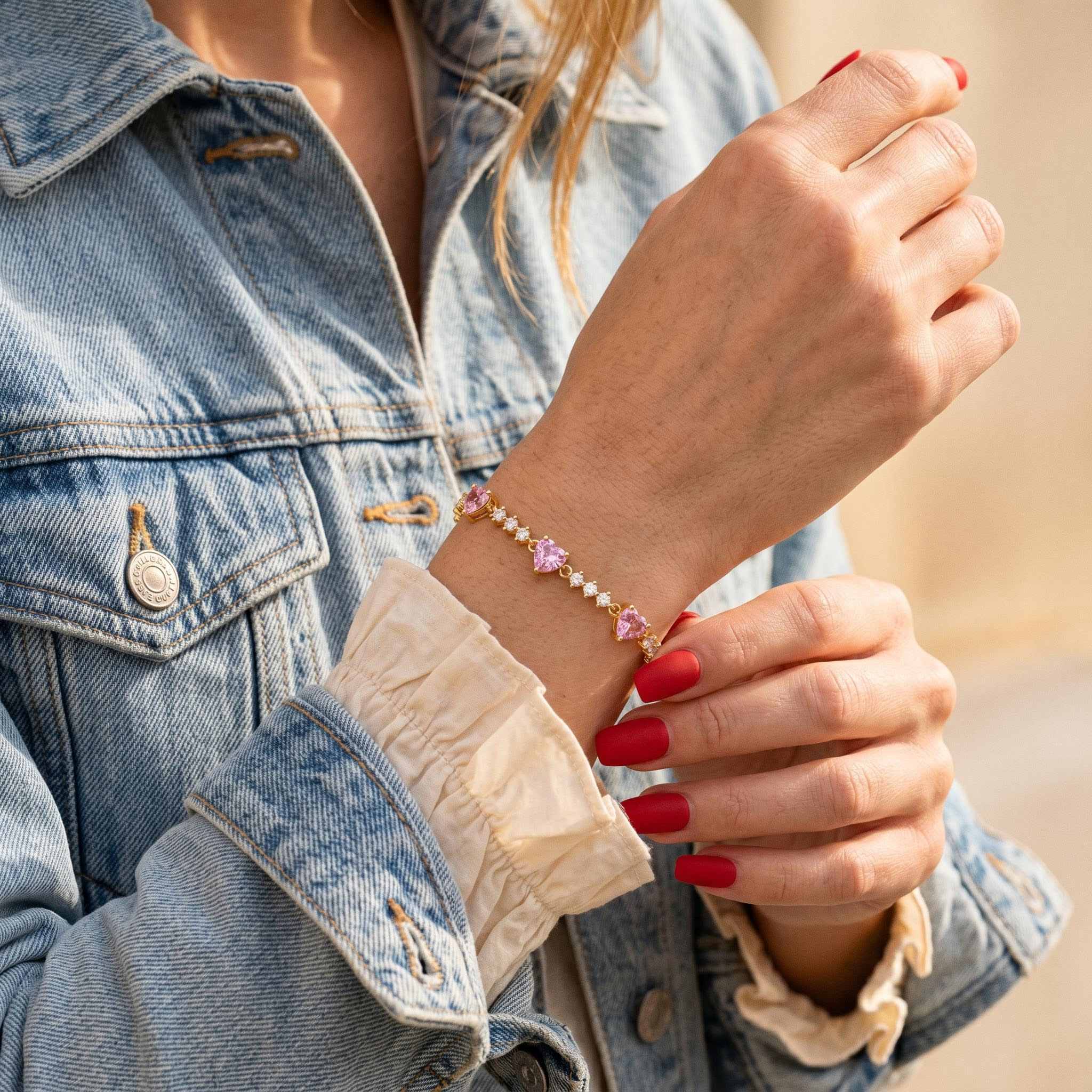 Pink Heart & Round Stone Tennis Bracelet