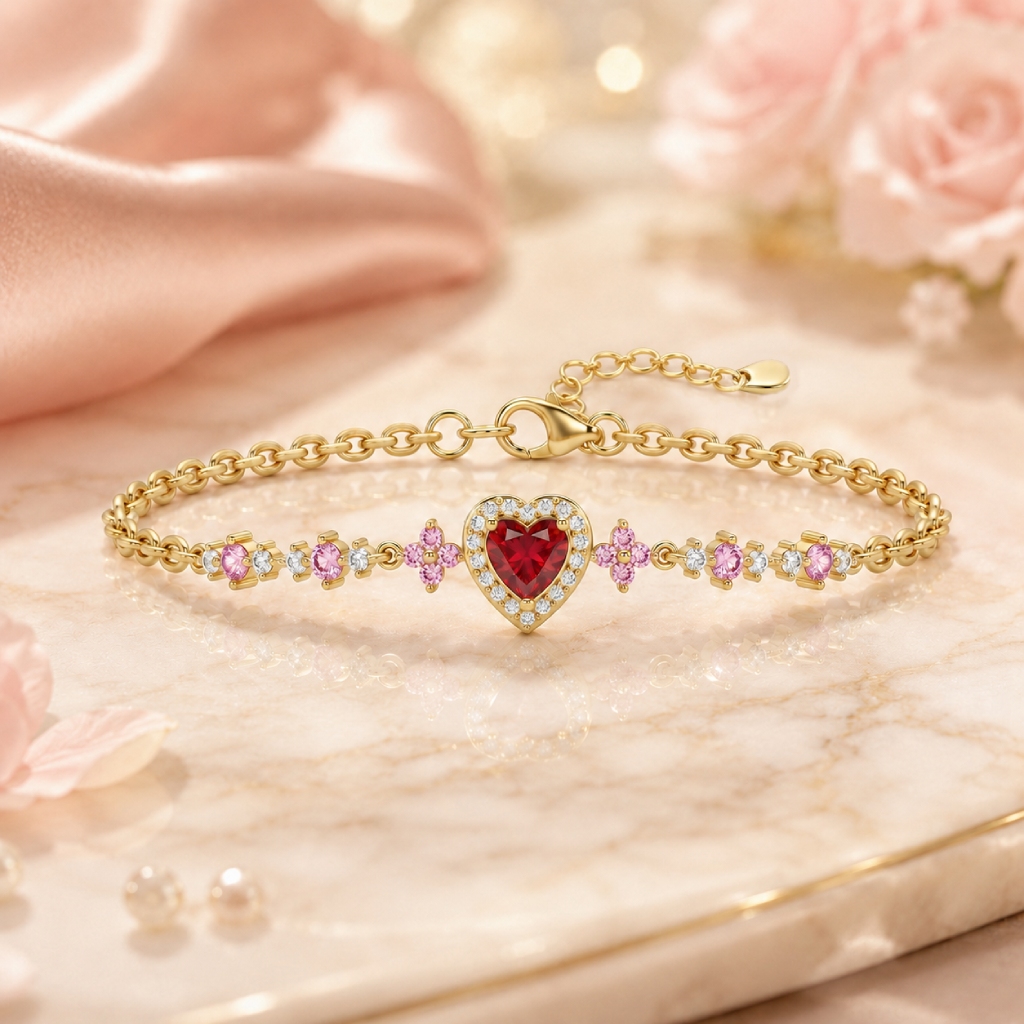1.72 ct.tw. Red Heart Shape Floral Halo Bracelet