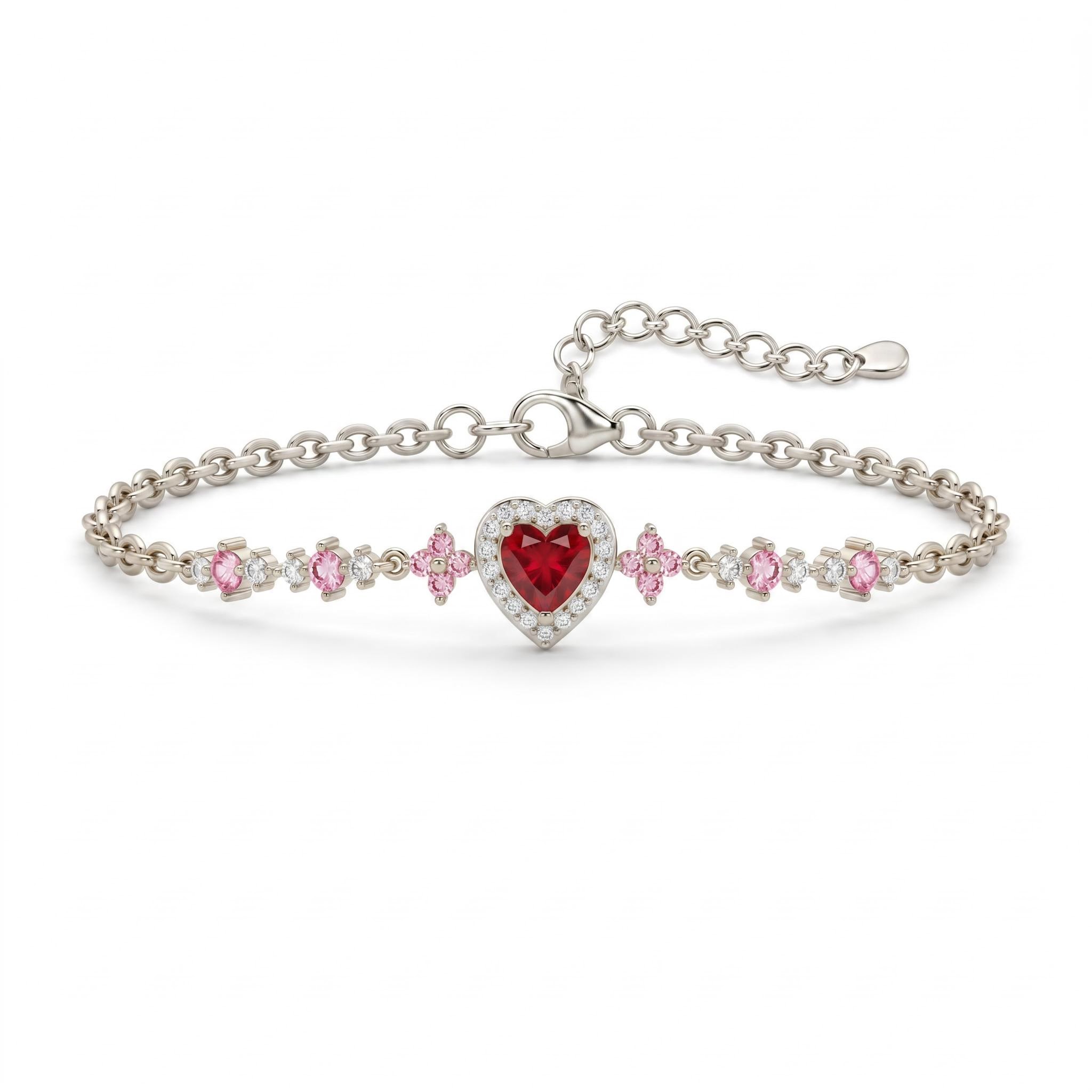 1.72 ct.tw. Red Heart Shape Floral Halo Bracelet