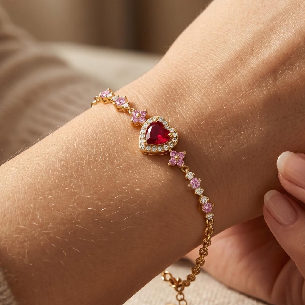 1.72 ct.tw. Red Heart Shape Floral Halo Bracelet