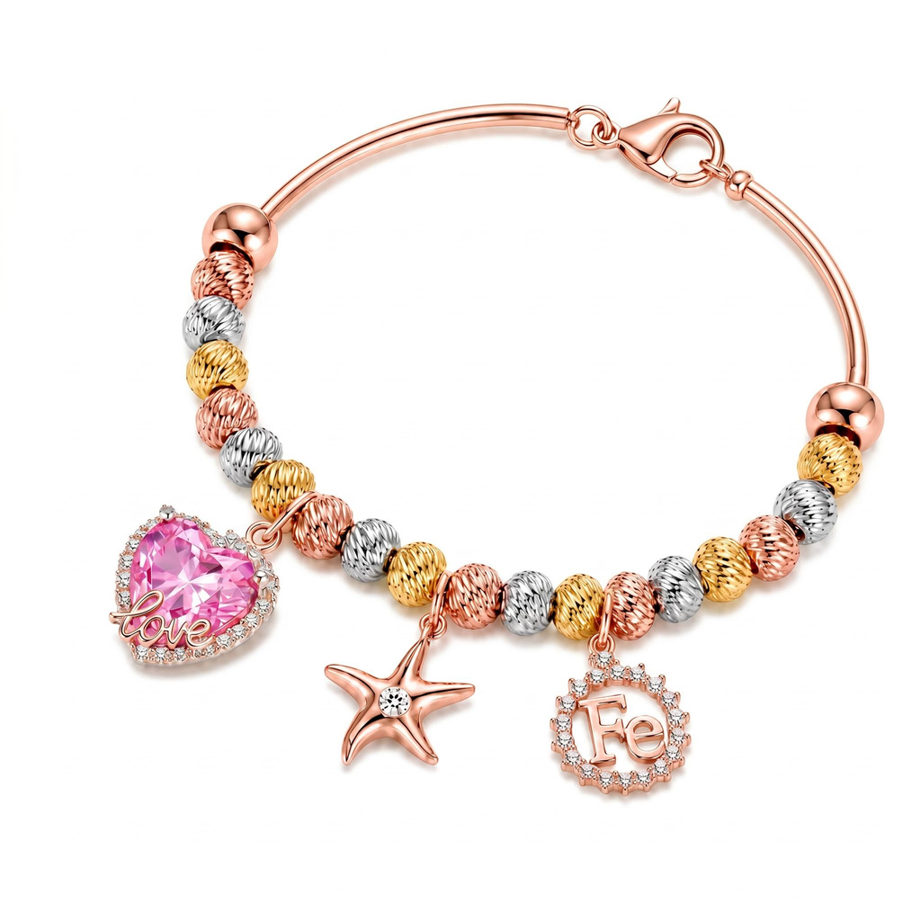 4.55 ct.tw. Pink Heart Star with Beads Charm Bracelet