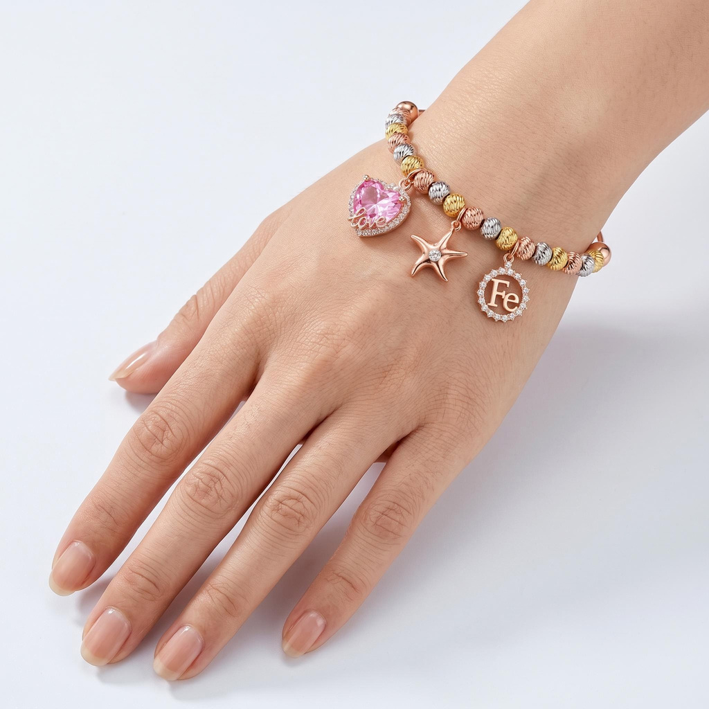 4.55 ct.tw. Pink Heart Star with Beads Charm Bracelet