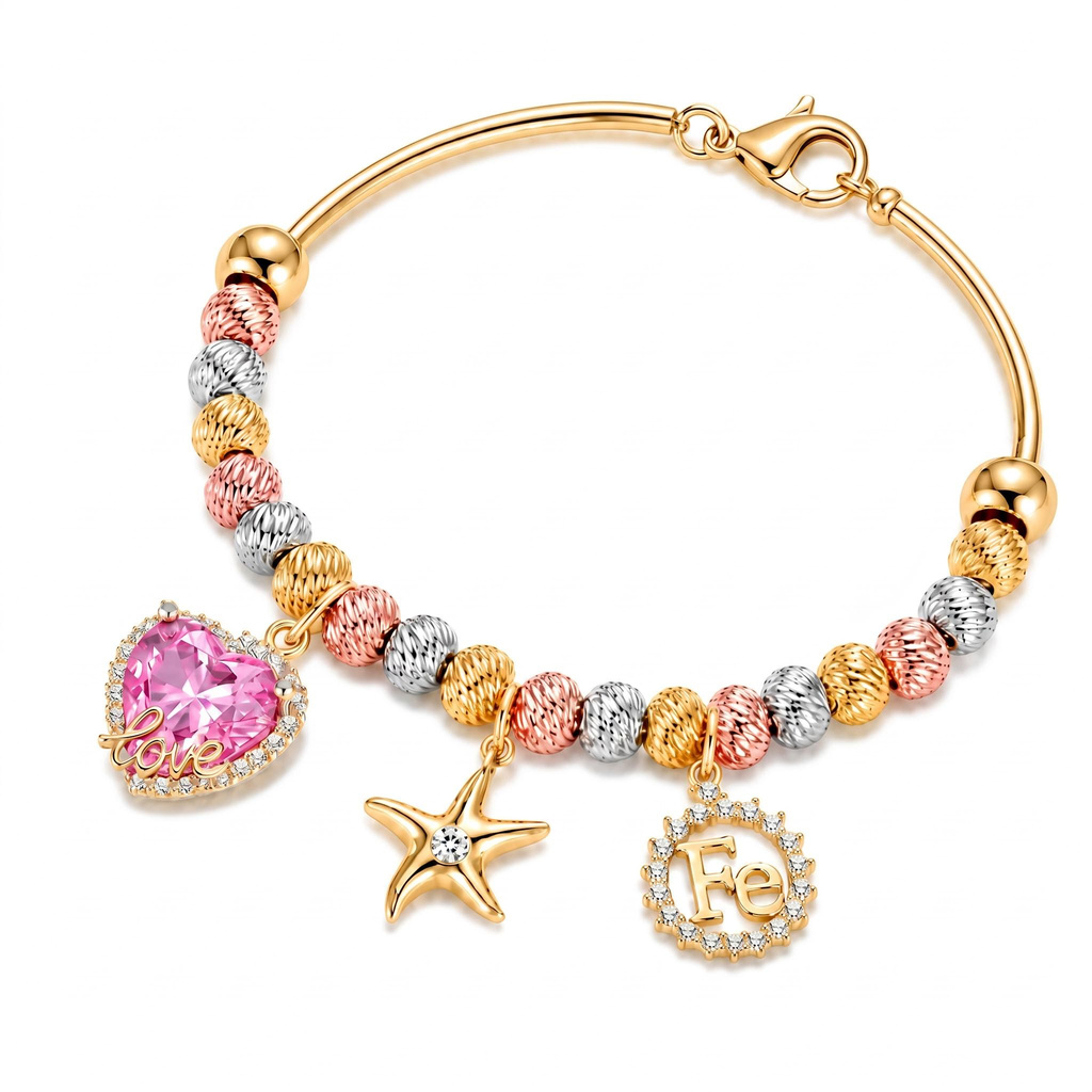 4.55 ct.tw. Pink Heart Star with Beads Charm Bracelet