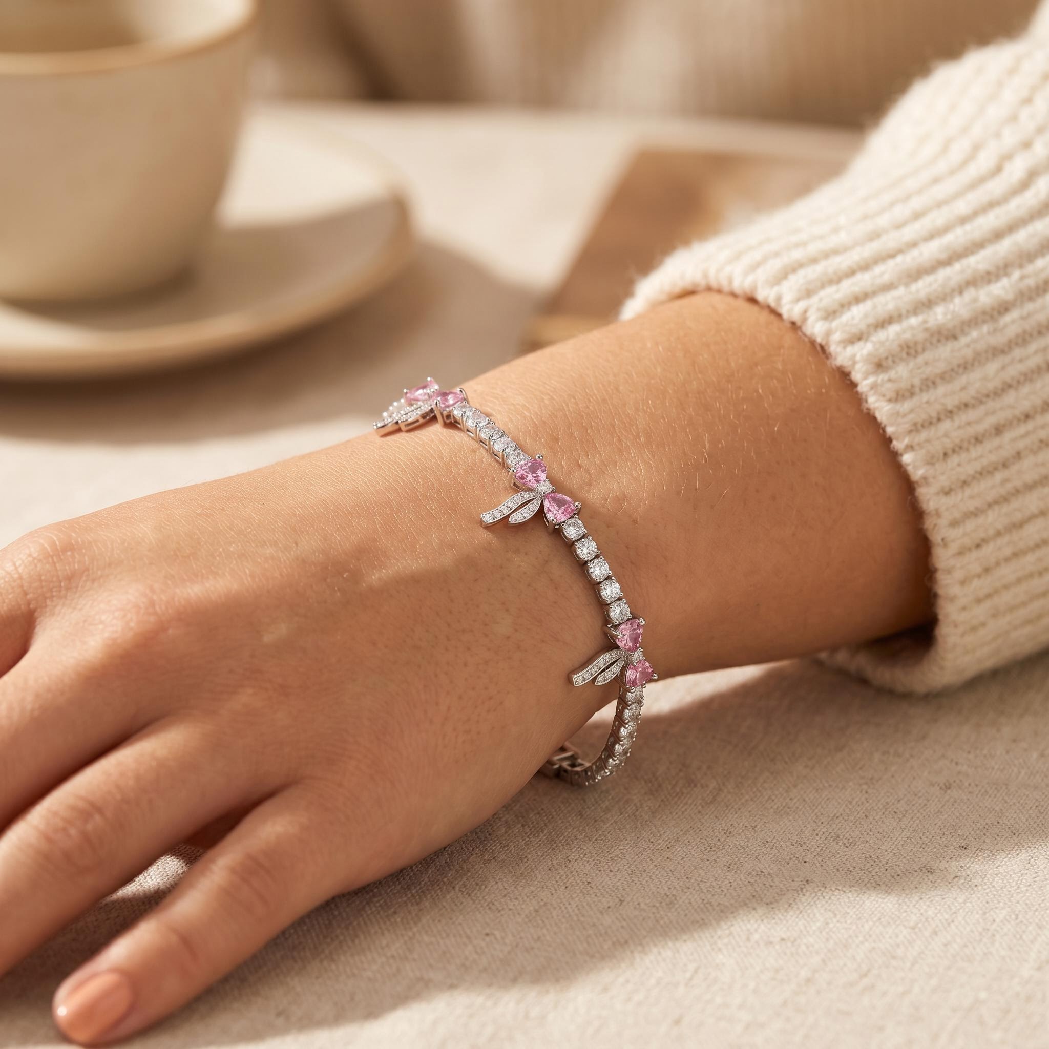 6.87 ct.tw. Pink Heart Bow Design Tennis Bracelet