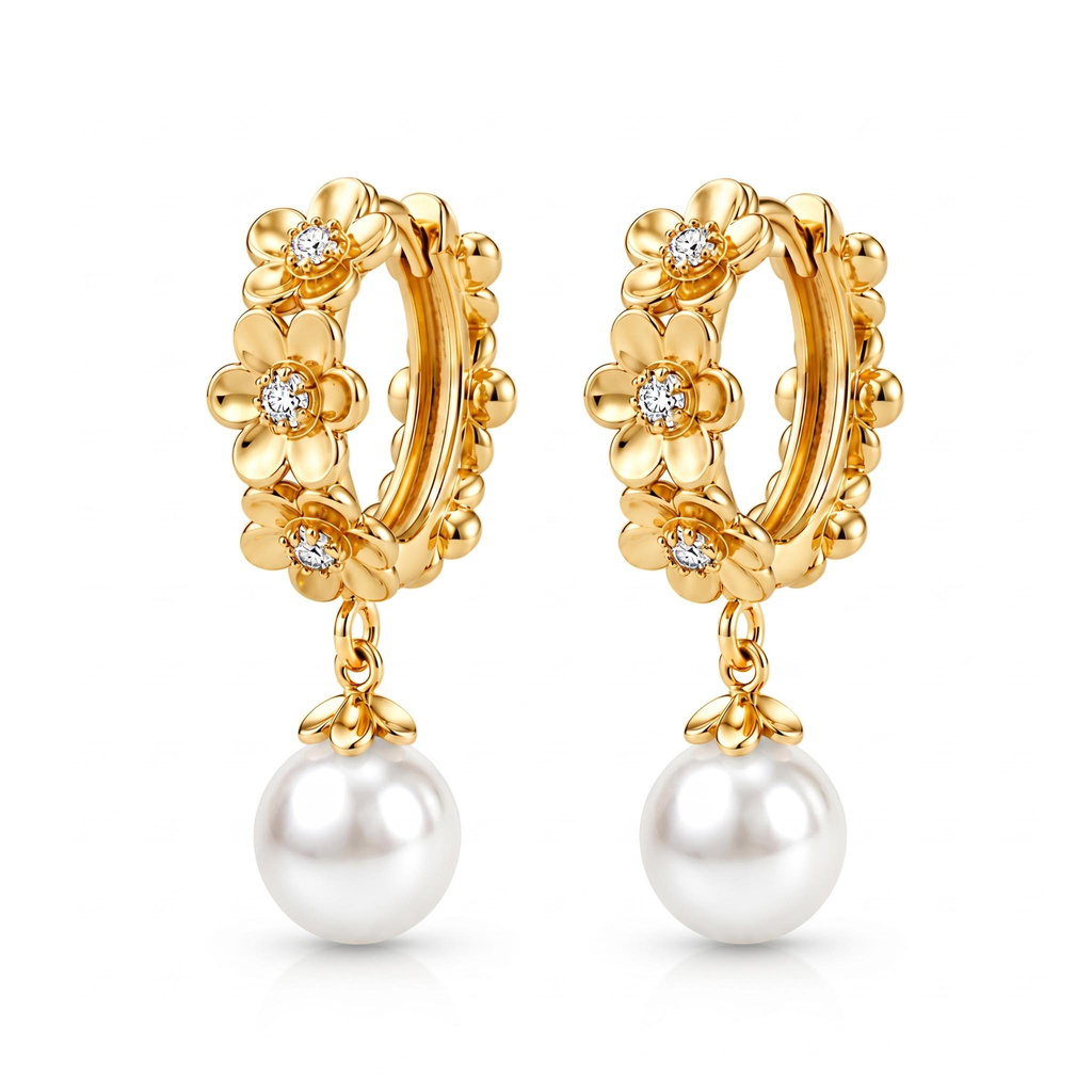 0.22 ct.tw. Floral Hoop with Pearl Drop Earrings