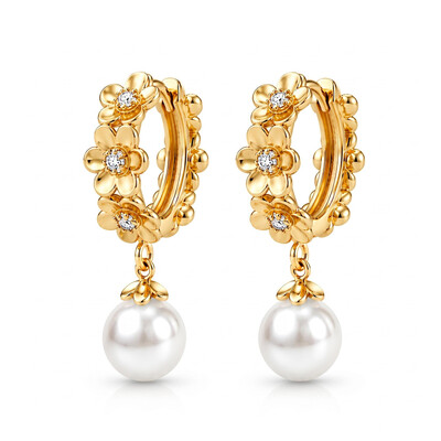 0.22 ct.tw. Floral Hoop with Pearl Drop Earrings