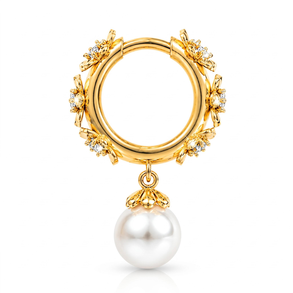 0.22 ct.tw. Floral Hoop with Pearl Drop Earrings