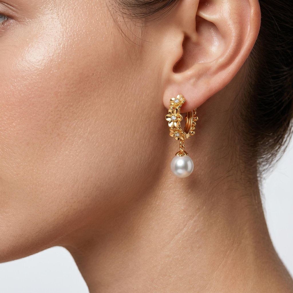 0.22 ct.tw. Floral Hoop with Pearl Drop Earrings