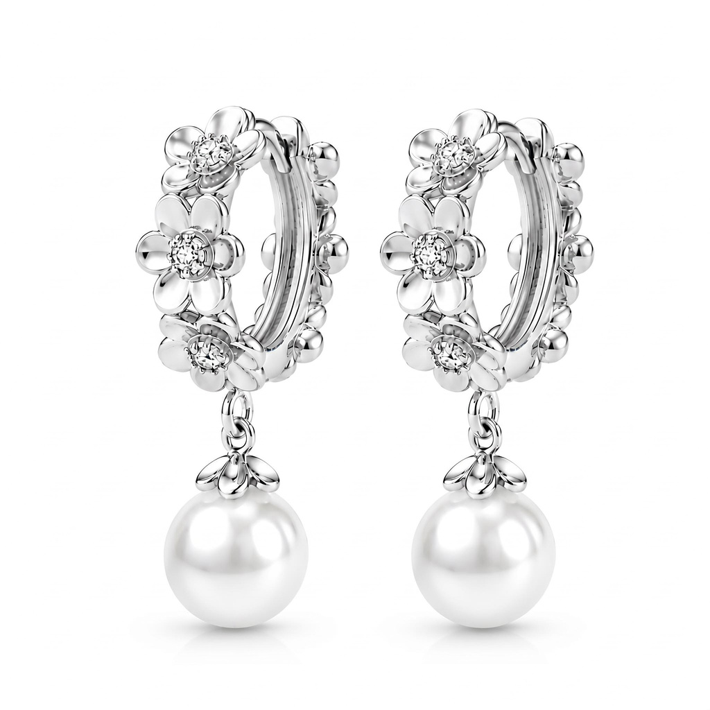 0.22 ct.tw. Floral Hoop with Pearl Drop Earrings