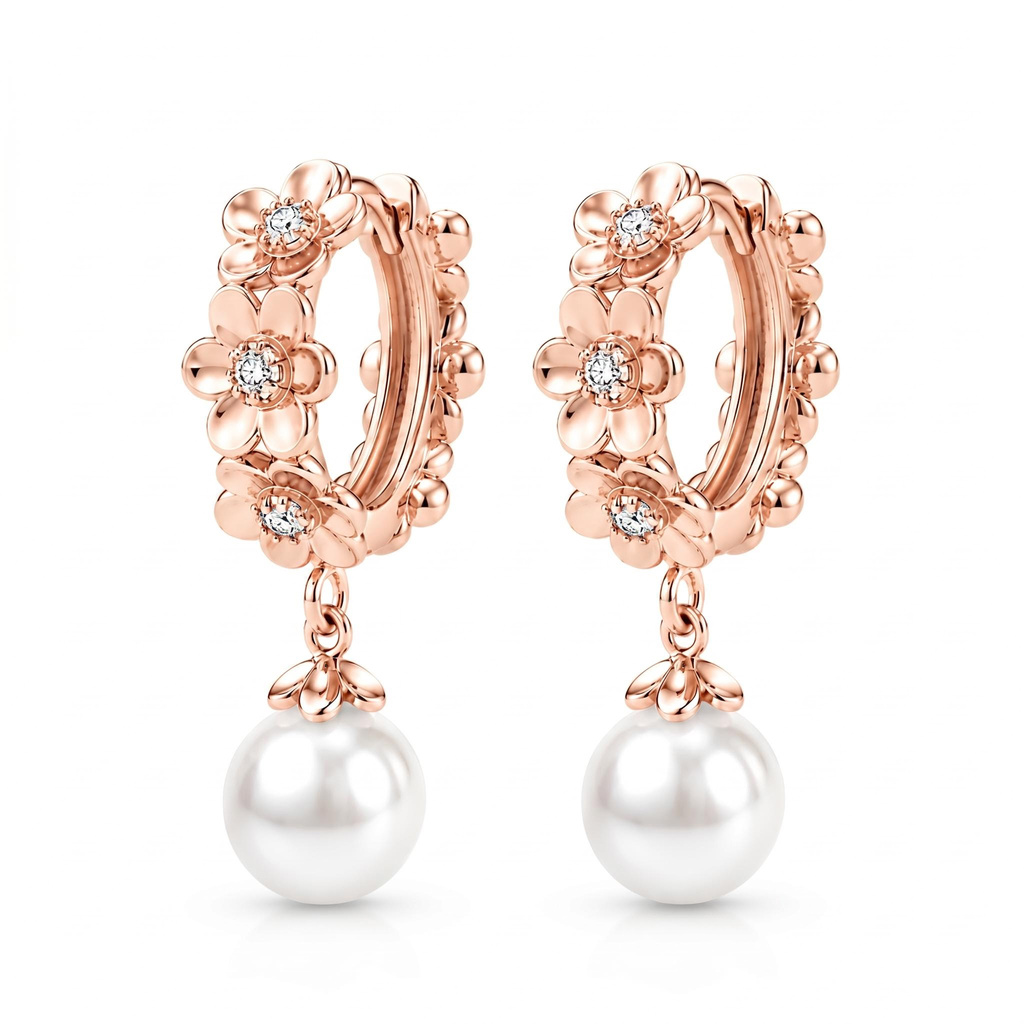 0.22 ct.tw. Floral Hoop with Pearl Drop Earrings