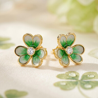 Helloice Enamel Nature Glaze Green Clover Stud Earrings