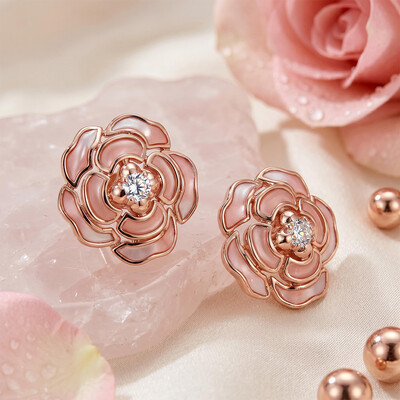 Helloice Enamel Nature Glaze Pink Rose Stud Earrings